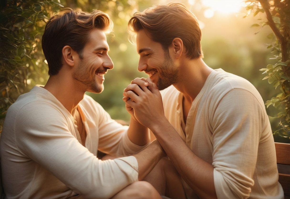 An intimate scene depicting two men sitting closely together in a serene, softly-lit environment, surrounded by lush greenery. They are sharing a genuine laugh, embodying warmth and connection, with a golden sunset casting a gentle glow on their faces. Subtle symbols of love, like intertwined hands or a shared book, enhance the narrative of intimacy and desire. The mood should evoke tenderness and closeness, inviting viewers into their world. super-realistic. warm colors. soft focus.