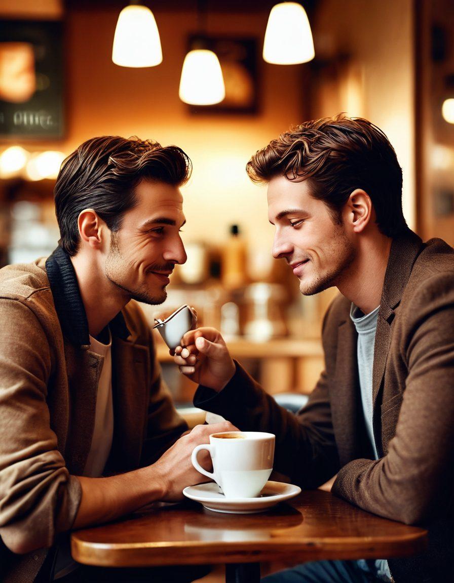 A warm, intimate scene depicting two men sharing a deep, meaningful conversation over coffee at a cozy café. Soft lighting highlights their expressive faces, with warmth and connection reflected in their eyes. Background elements include soft music notes and abstract shapes symbolizing emotional ties. Create a sense of depth and closeness. super-realistic. warm colors. soft focus.