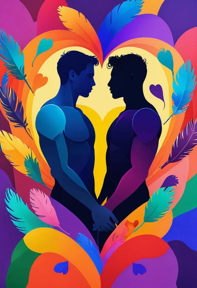 A vibrant, abstract representation of interconnected hearts and silhouettes representing diverse male figures embracing their sexuality. Include colors that symbolize pride, like rainbow hues, intertwined with soft, warm tones. Add subtle elements like flowers and feathers to symbolize attraction and connection within the LGBTQ+ community. super-realistic. vibrant colors. 3D.